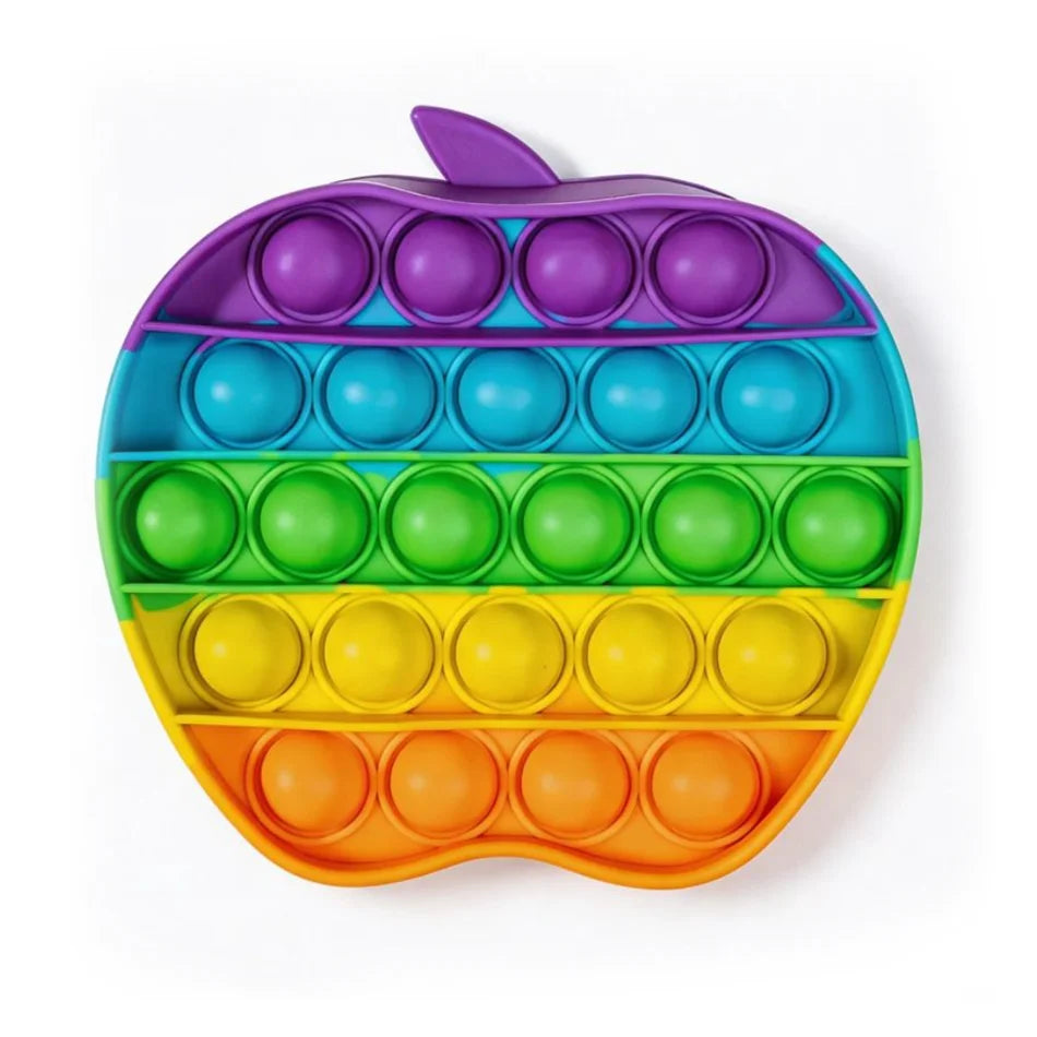 A colorful, segmented apple-shaped bubble fidget toy with multiple colored bubbles.