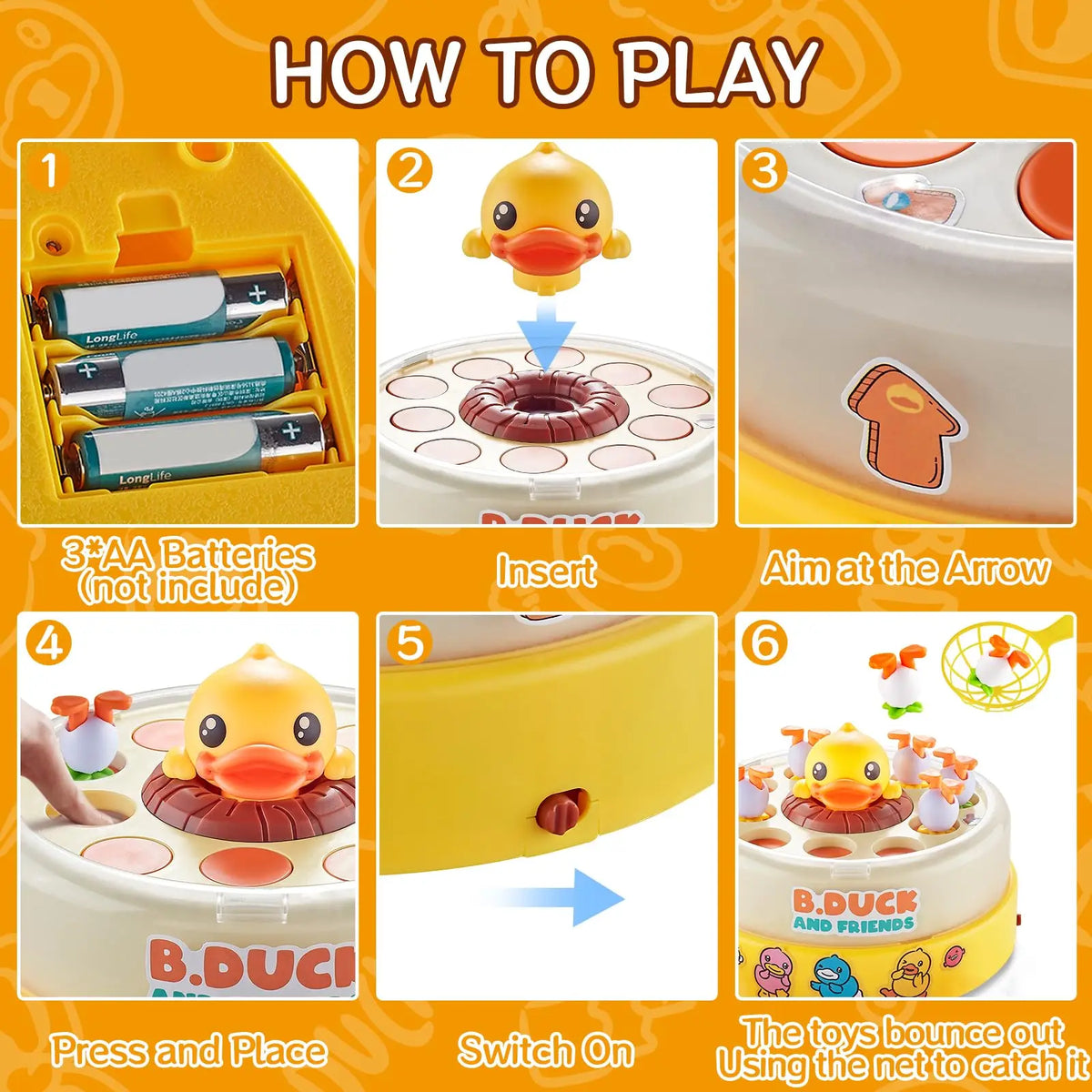 Instructions for playing the B.DUCI Jumping Frog Catch Game by inserting batteries and aiming at the arrow