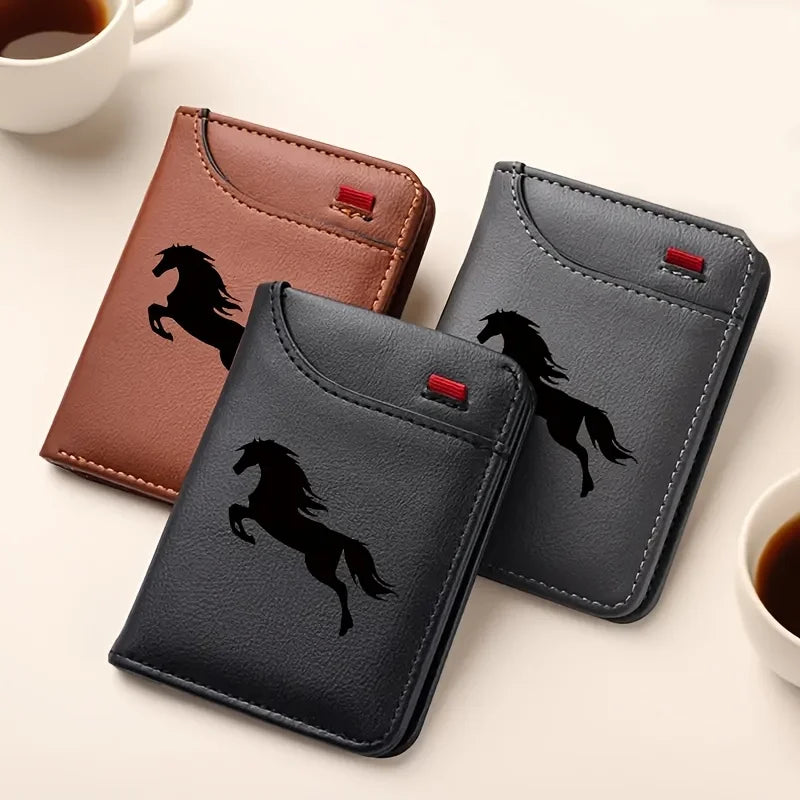 Men's Retro Faux Leather Card Holder with Black Horse Motif