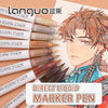 A set of nine acrylic paint marker pens with various tips and colors displayed next to an illustration of a character.