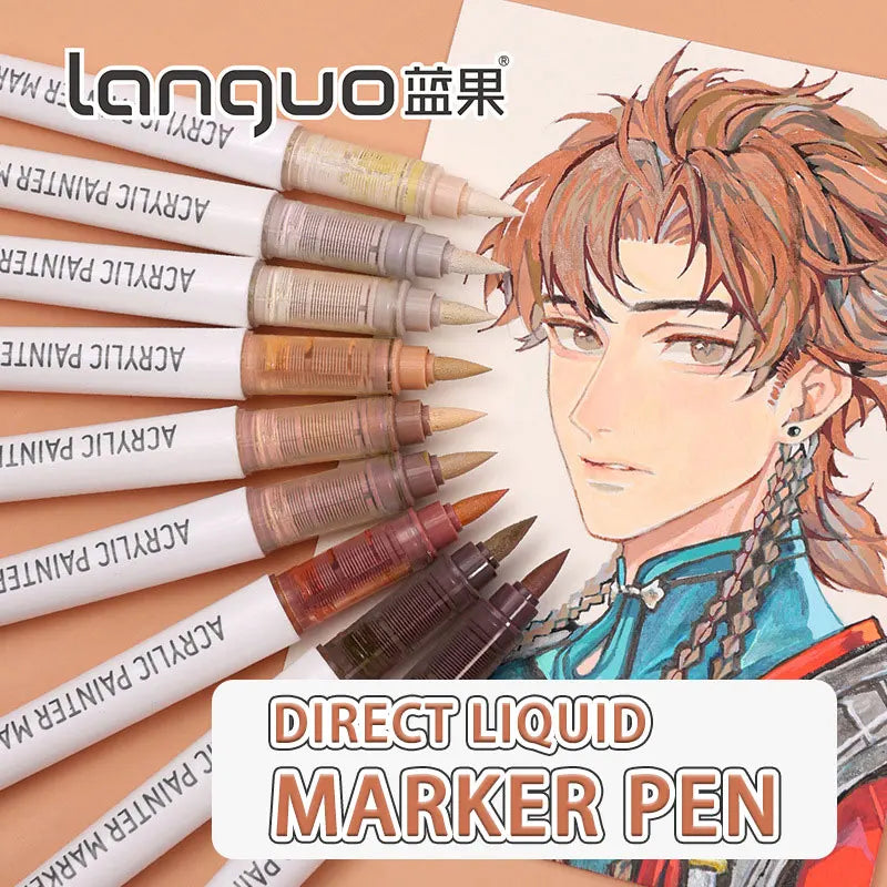 A set of nine acrylic paint marker pens with various tips and colors displayed next to an illustration of a character.