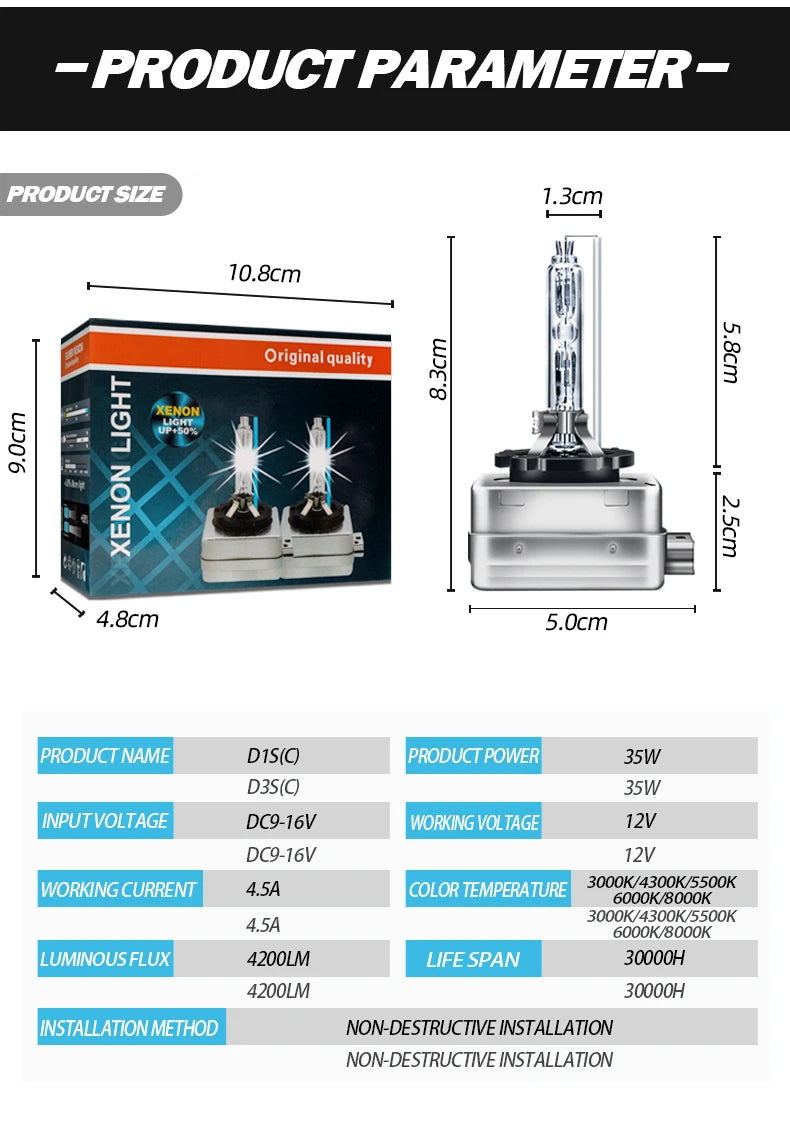 Product parameter sheet showing dimensions and specifications for a pair of 35W Xenon light bulbs.