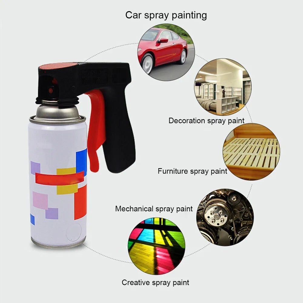 A spray paint gun and various paint types including car, decoration, furniture, and creative paints are shown.