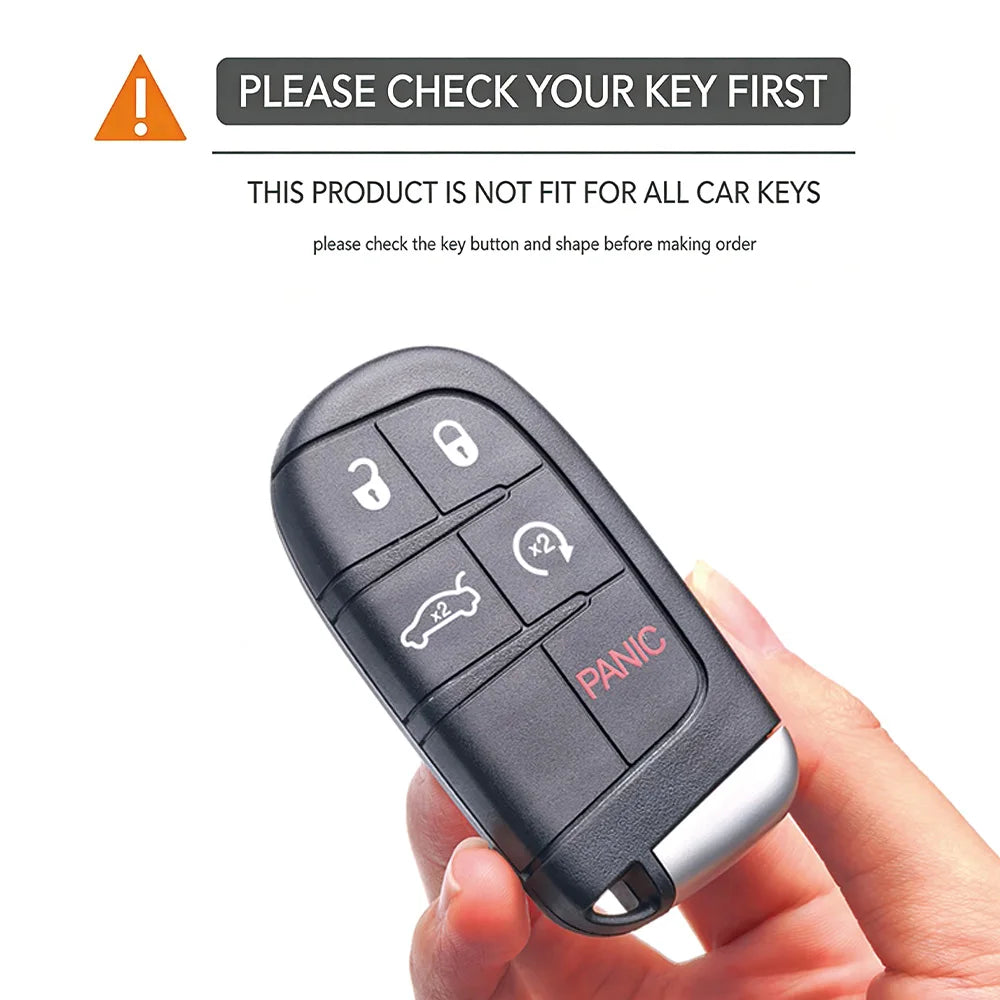 A hand holds a black silicone key fob cover with buttons for lock, unlock, and panic functions.