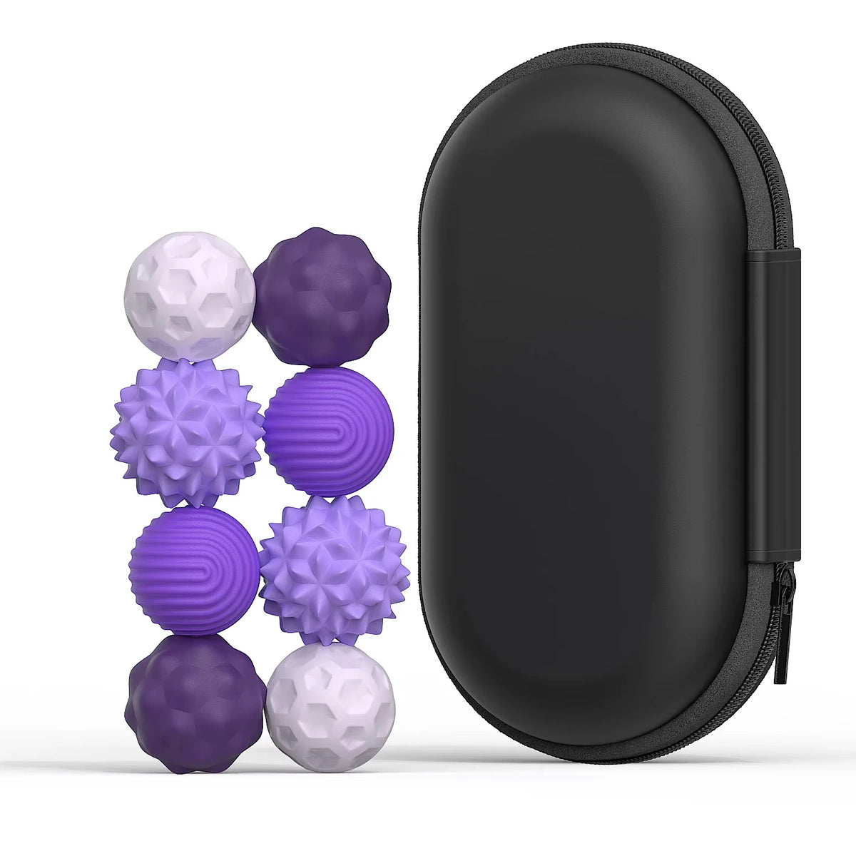 A set of purple and white magnetic silicone sensory balls in a black zippered pouch.