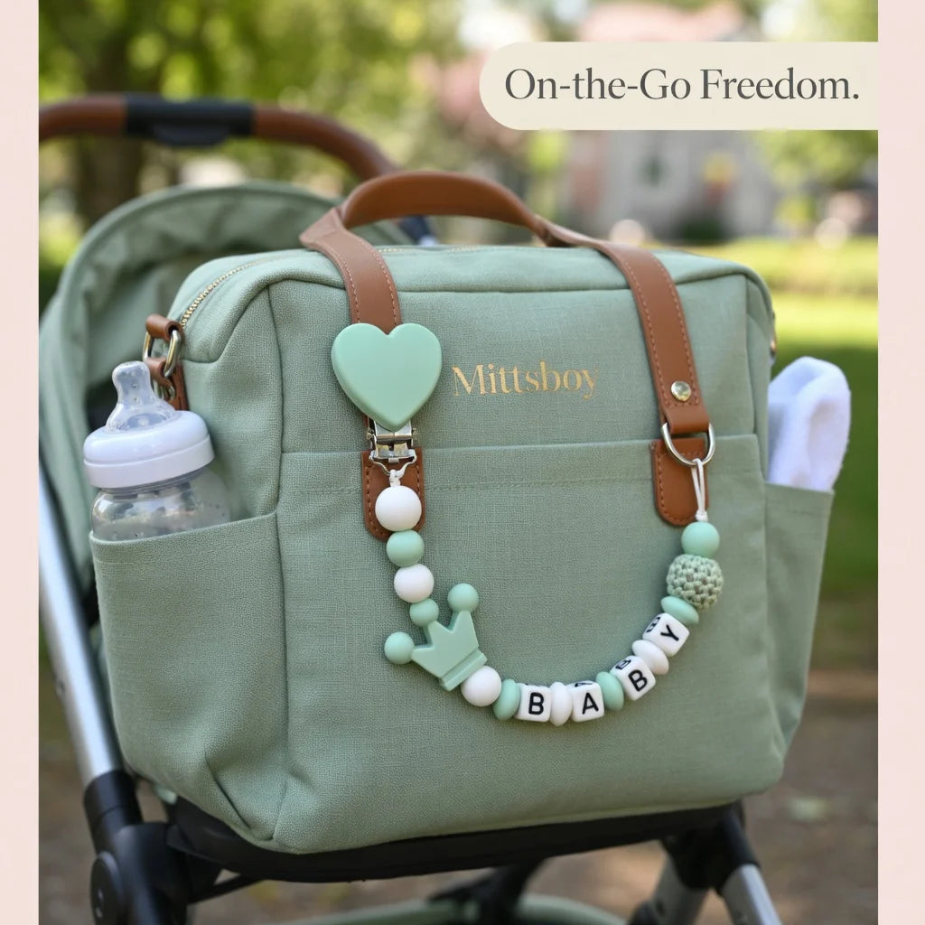 A light green baby bag with a brown strap and a personalized pacifier clip featuring a heart and the name BABY