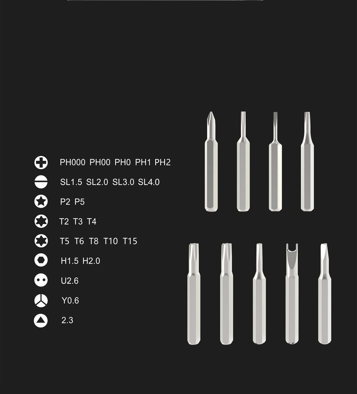 A collection of precision magnetic screwdriver tips and bits arranged in a row against a dark background.