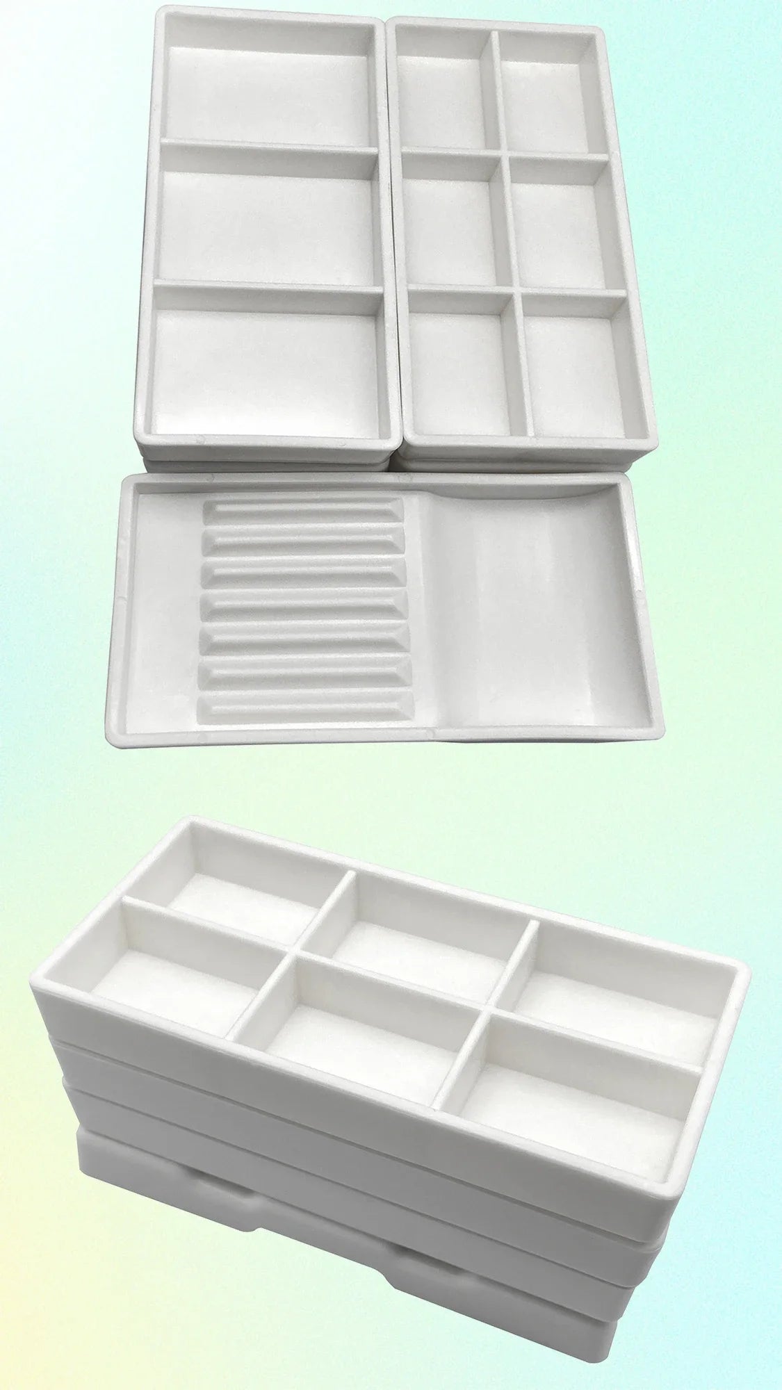 A white plastic drawer organizer tray with multiple compartments shown in stacked and open views.