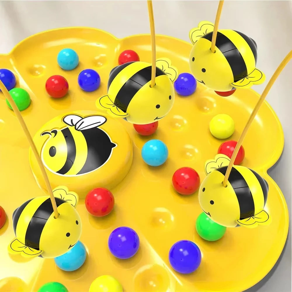 A yellow board game featuring bee-shaped pieces and a yellow surface for a family party game.