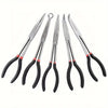 A set of five silver needle nose pliers with angled tips and long reach, featuring black handles.