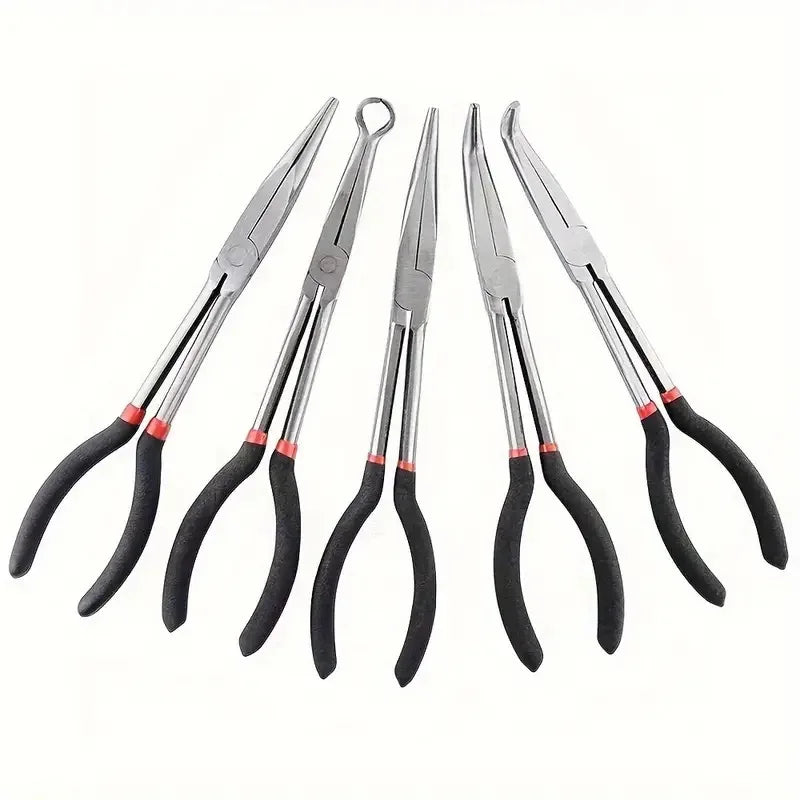 A set of five silver needle nose pliers with angled tips and long reach, featuring black handles.