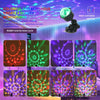 An RGB LED disco ball light is shown with various color patterns and a voice-activated sensing feature.