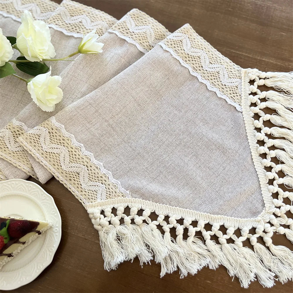 Handcrafted Macrame Lace Table Runner with Tassels – Beige