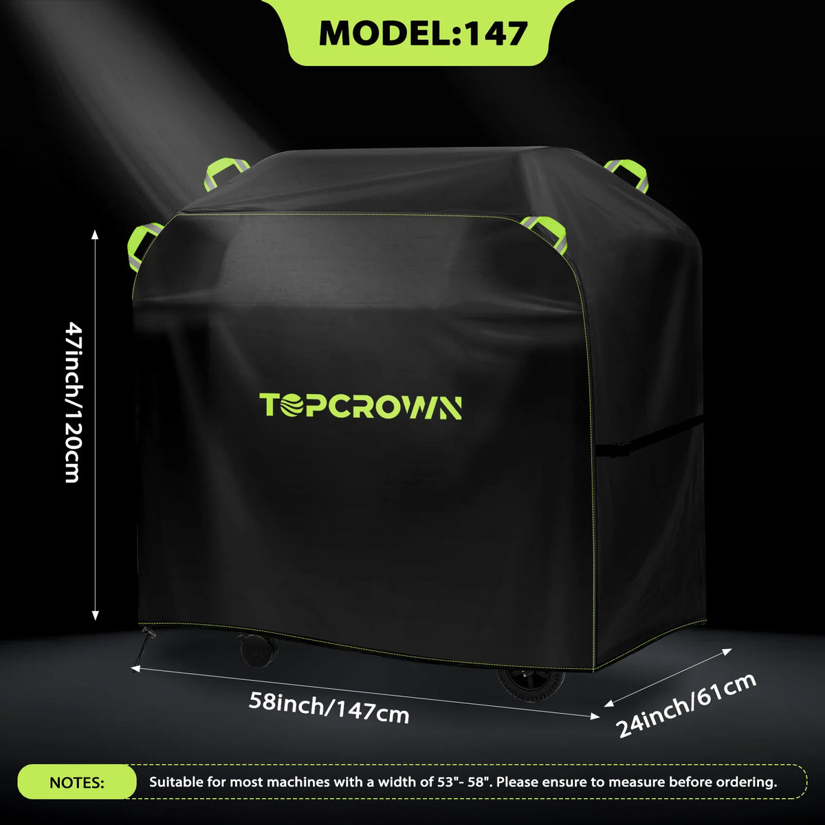 Black waterproof BBQ grill cover model 147 with reflective strips shown from the side.