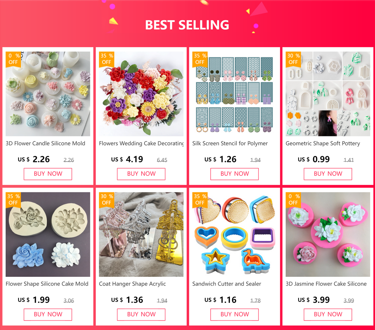 A collection of 3D flower silicone molds for baking and crafting in various colors and shapes.