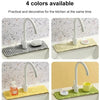 Four colors of silicone faucet draining mats with raised edges shown in various contexts.
