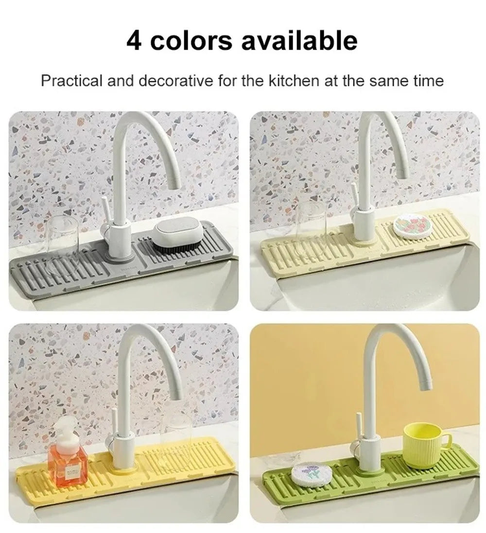 Four colors of silicone faucet draining mats with raised edges shown in various contexts.