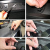 Close-up images showing the use of an automotive trim removal tool kit with a clip puller on a car interior panel.