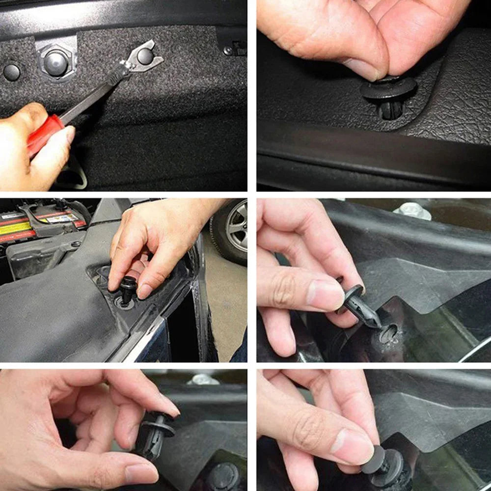 Close-up images showing the use of an automotive trim removal tool kit with a clip puller on a car interior panel.
