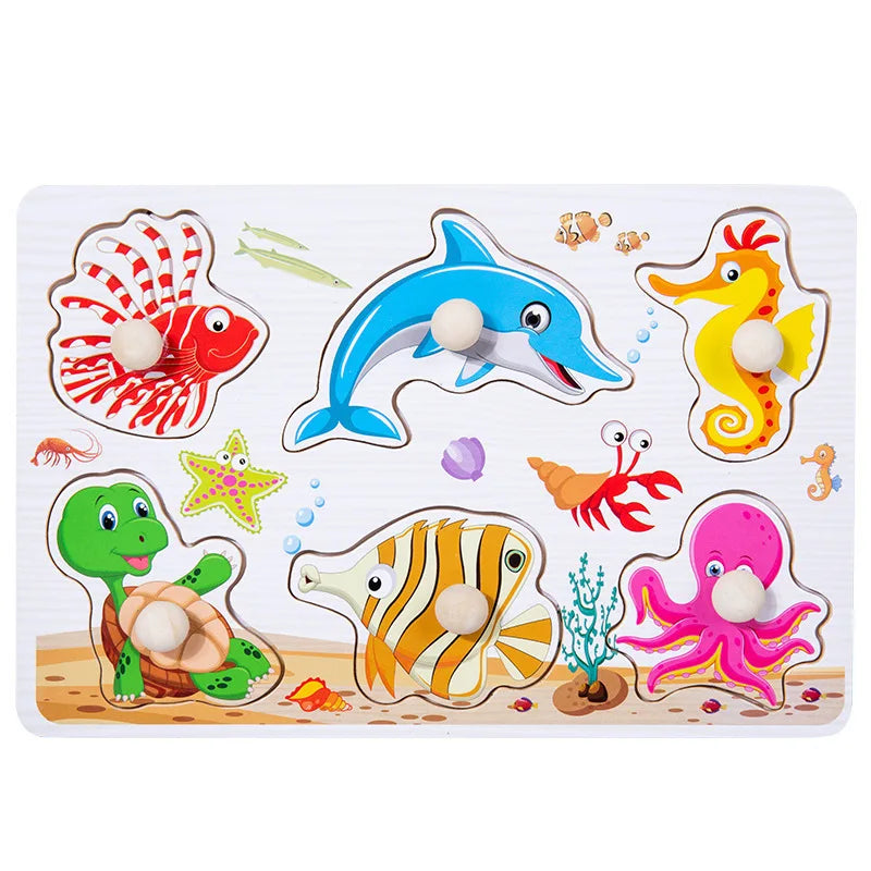 A wooden peg puzzle set featuring various colorful sea creatures and animals for toddlers.
