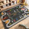 A dark rug features a colorful cartoon car traffic design for a kids play mat in a nursery or playroom.