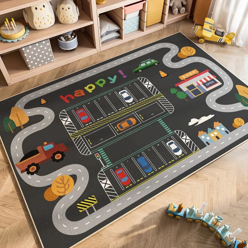 A dark rug features a colorful cartoon car traffic design for a kids play mat in a nursery or playroom.