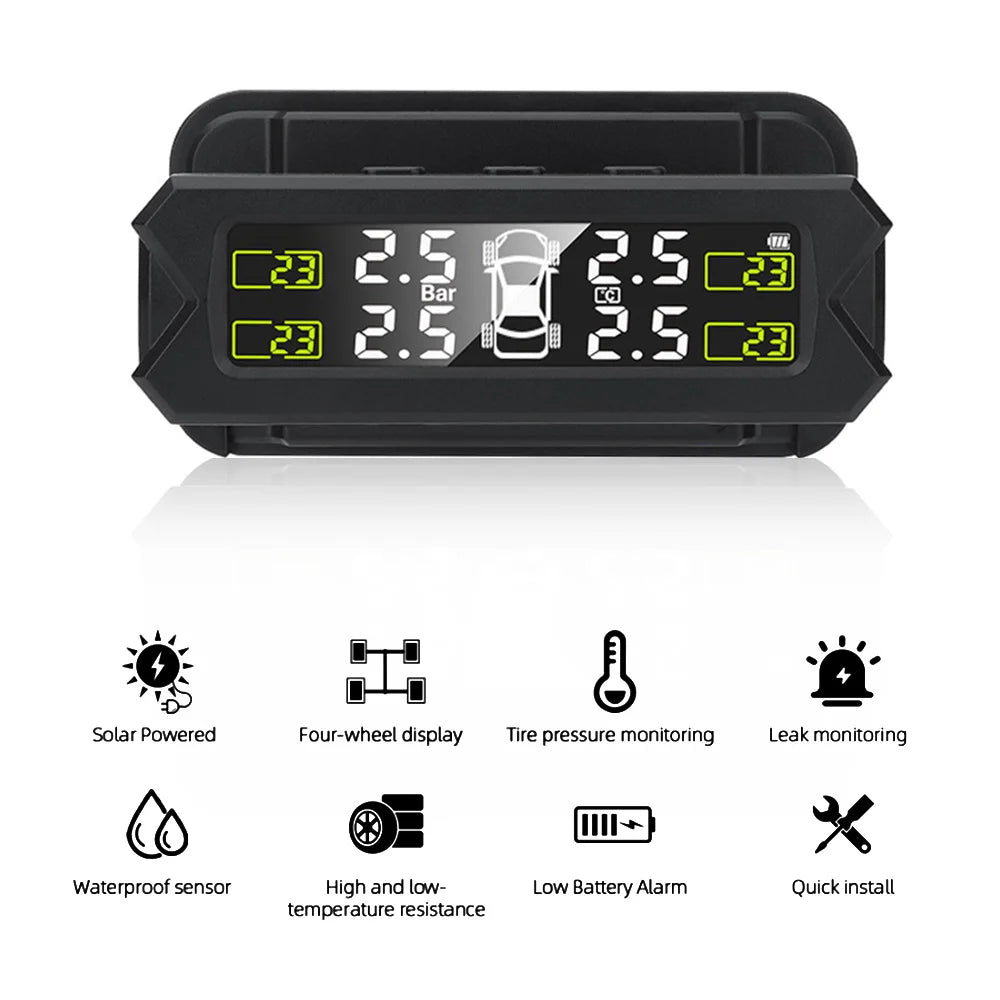 A black solar-powered tire pressure monitoring system device showing real-time pressure readings and alerts.