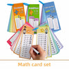 A set of colorful flash cards for math practice including addition, subtraction, and multiplication concepts.