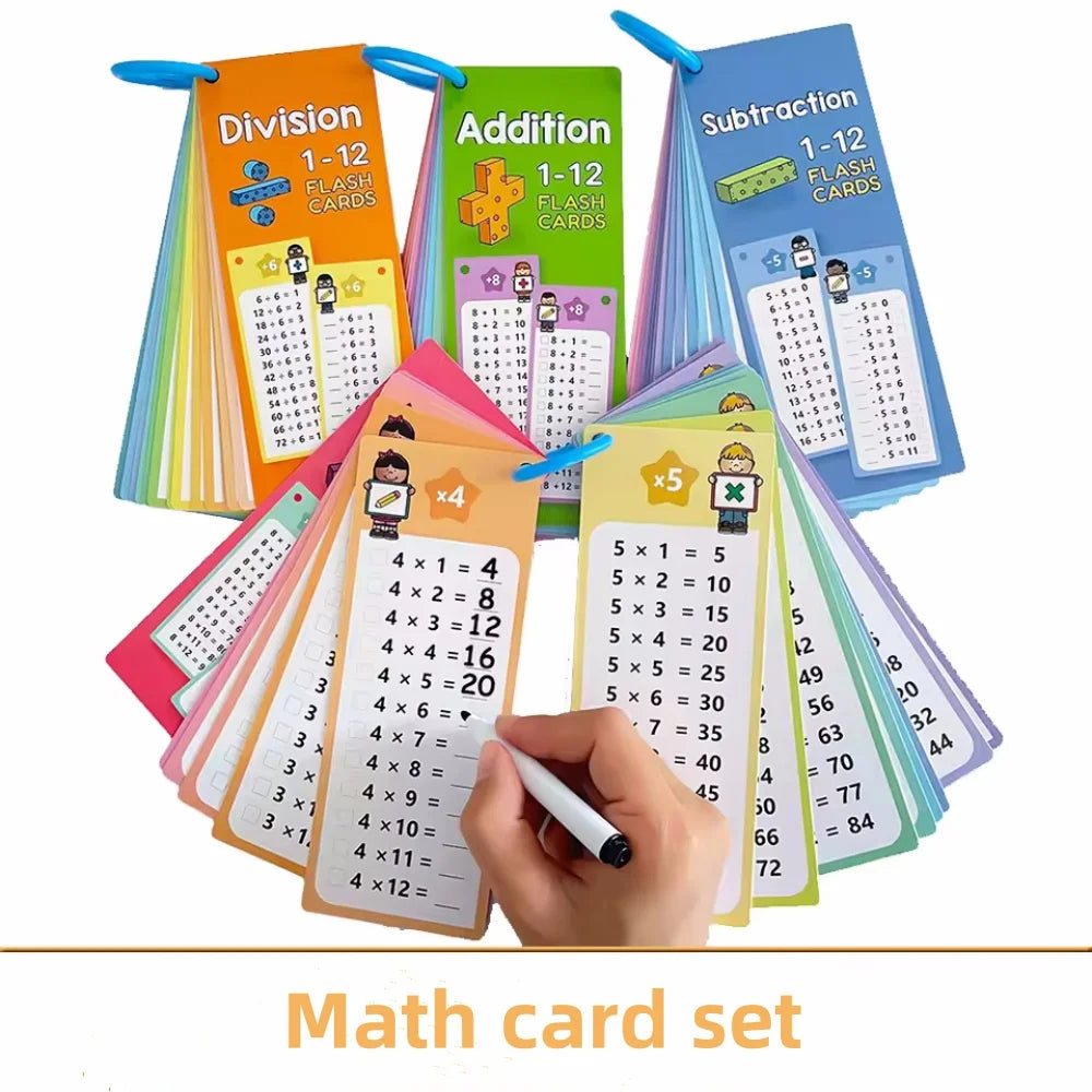 A set of colorful flash cards for math practice including addition, subtraction, and multiplication concepts.