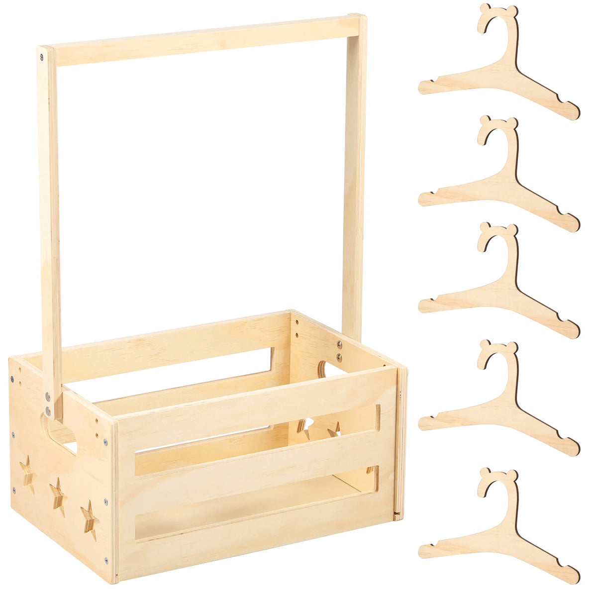 Wooden storage crate with a handle for baby essentials and toys made of light wood.
