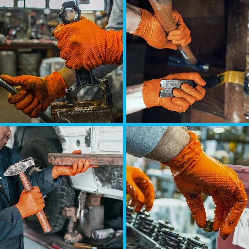 Close-up shots of hands wearing orange gloves working with tools and metal in a workshop setting.