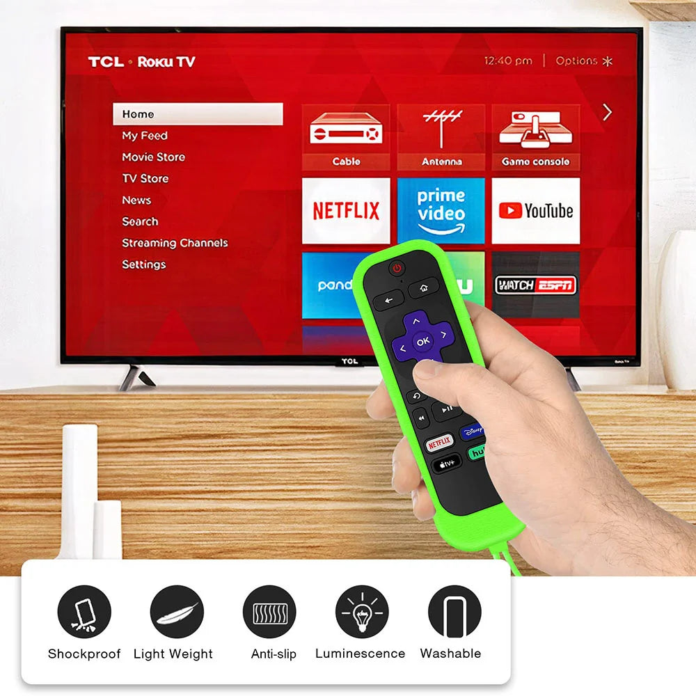 A hand holds a bright green silicone remote control cover designed to fit various TV remotes.