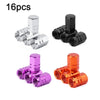 A set of four aluminum alloy wheel tire valve caps in various colors including silver, black, purple, and orange.