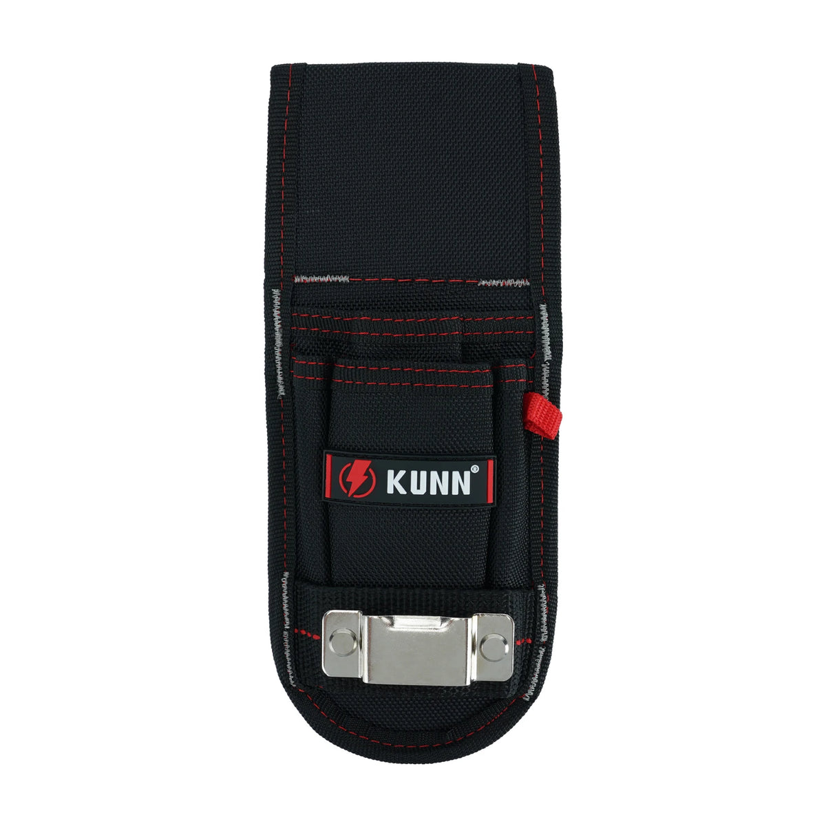Black heavy-duty tool pouch with a red trim, featuring a belt clip and tape measure holder.
