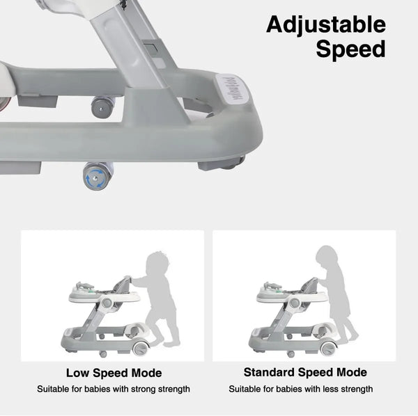 A gray adjustable speed baby walker shown in different modes for babies with strong or less strength.