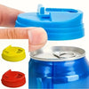 Blue reusable leakproof can cover being placed onto a blue soda can.