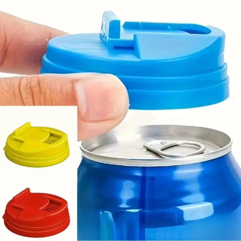 Blue reusable leakproof can cover being placed onto a blue soda can.