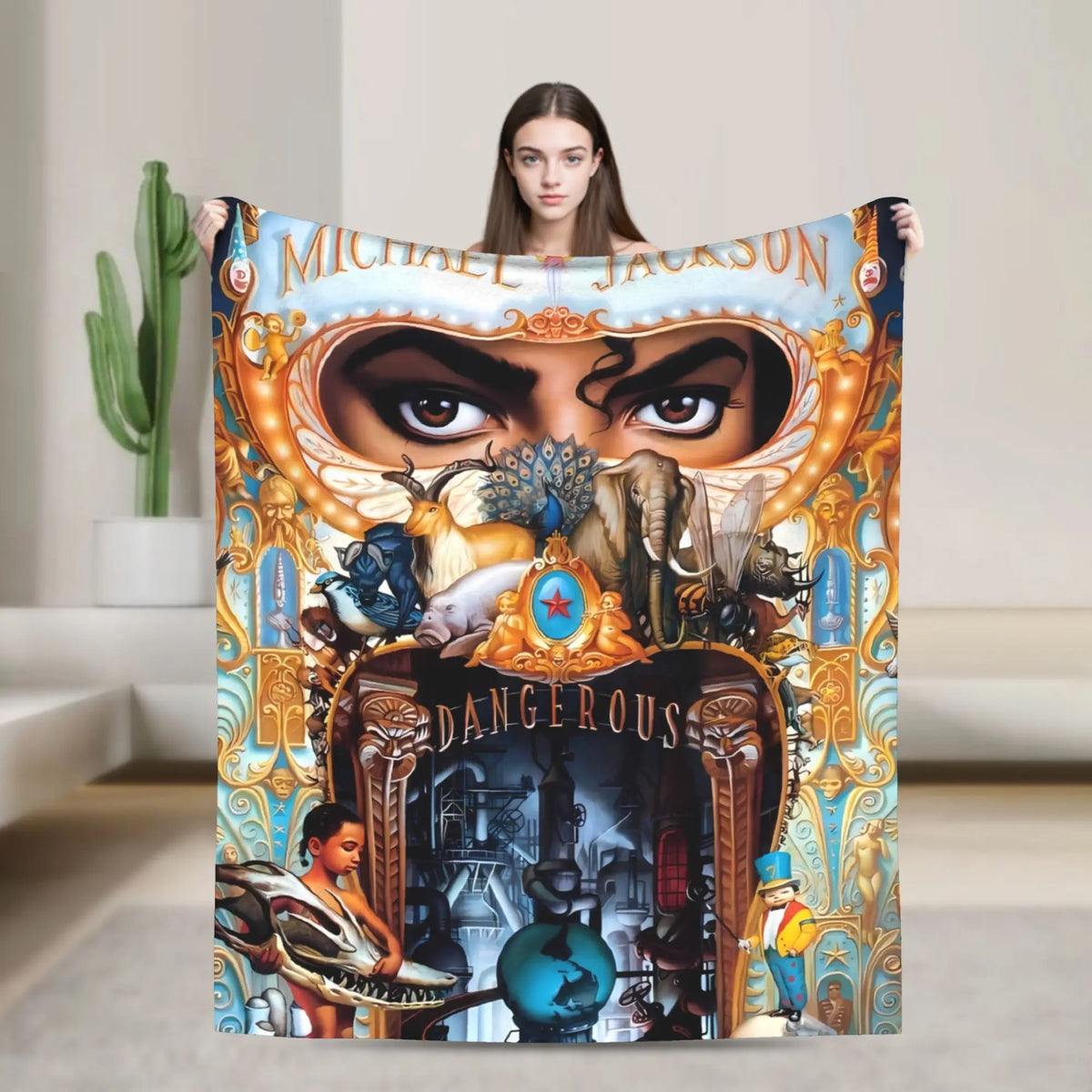 A plush throw blanket featuring a graphic of Michael Jackson's face and elements from Dangerous album artwork.
