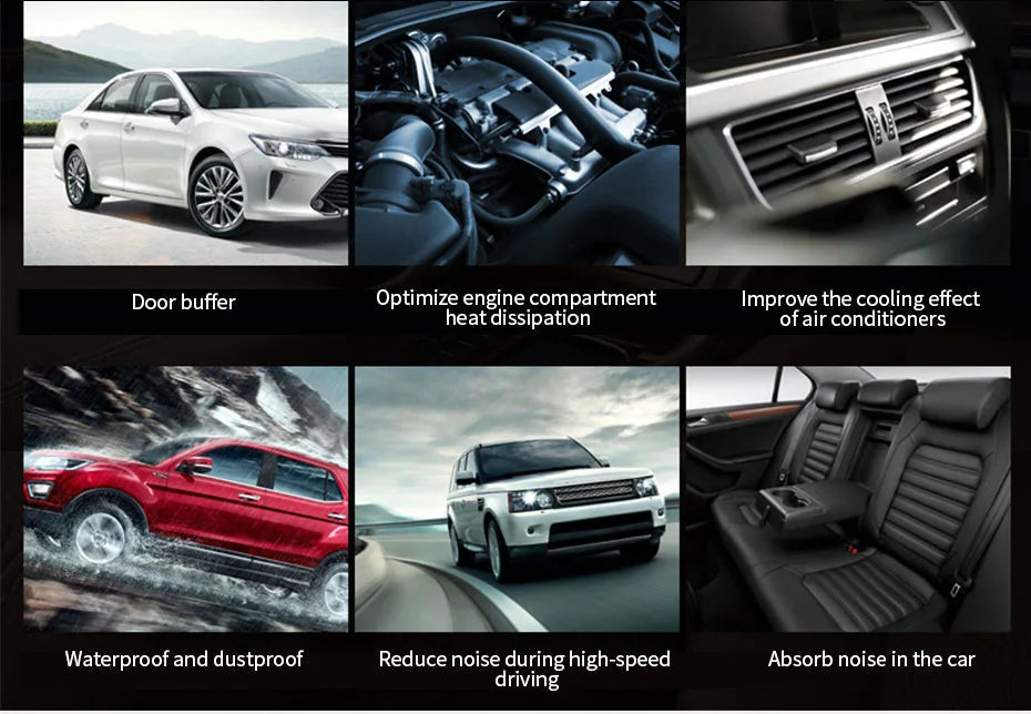 Various features of a double-layer self-adhesive car door seal strip including door buffer, engine heat dissipation optimizat