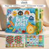 A colorful busy book for toddlers featuring matching games and daily activities like weather and days of the week.