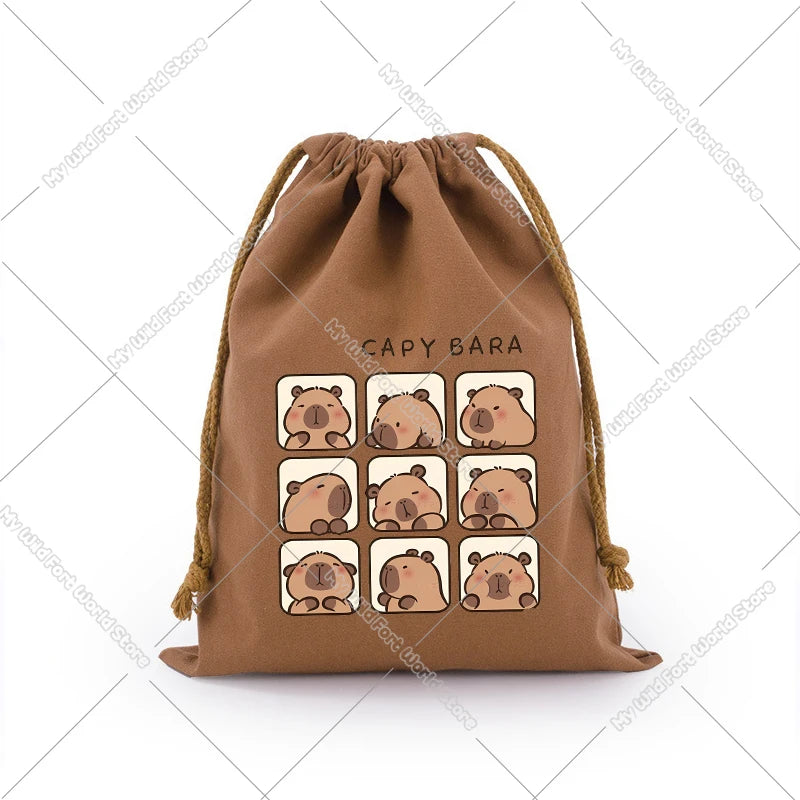 A brown drawstring storage bag featuring a cute capybara design.