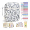 A floral quilted Bible cover with a zipper pocket and carry handle shown in various color options.