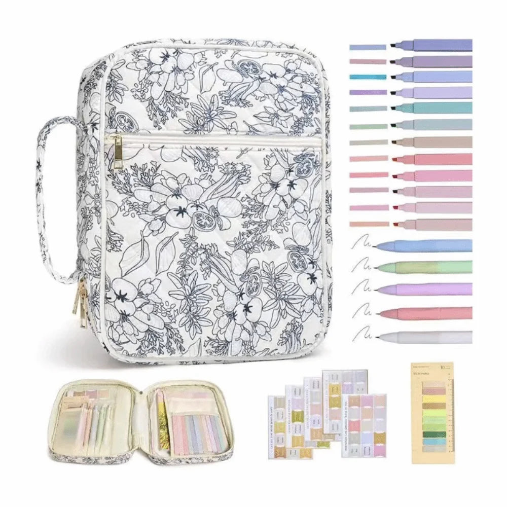 A floral quilted Bible cover with a zipper pocket and carry handle shown in various color options.