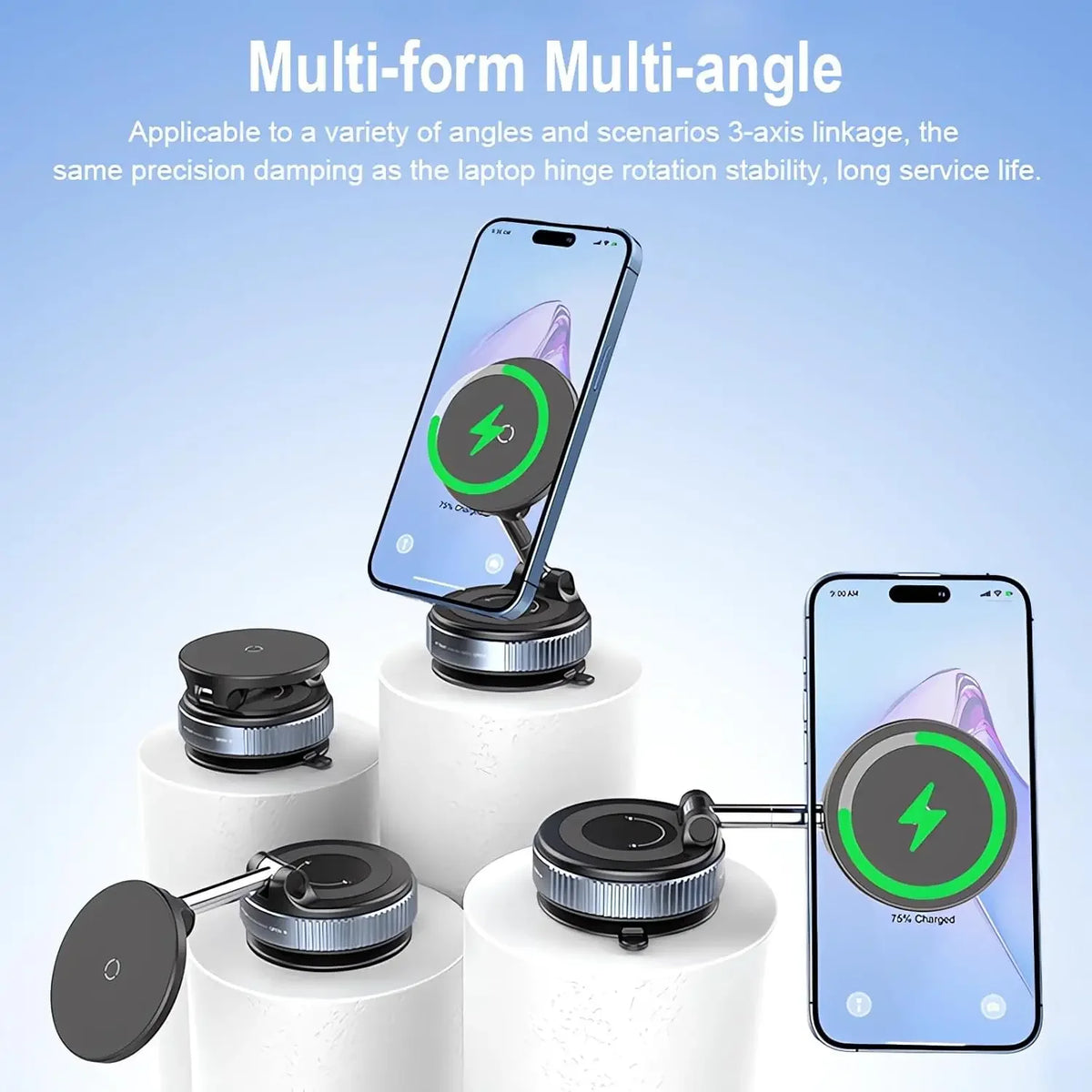 A multi-form multi-angle magnetic wireless car charger mount with a vacuum suction and foldable arm shown on a smartphone.