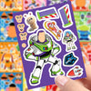 A purple sticker sheet featuring characters from Toy Story like Woody and Buzz Lightyear