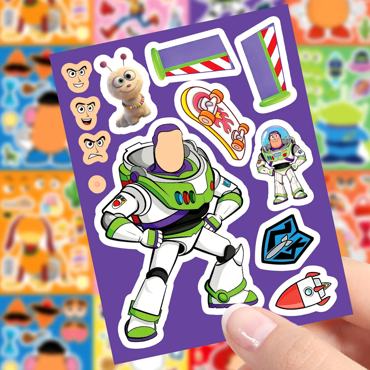 A purple sticker sheet featuring characters from Toy Story like Woody and Buzz Lightyear