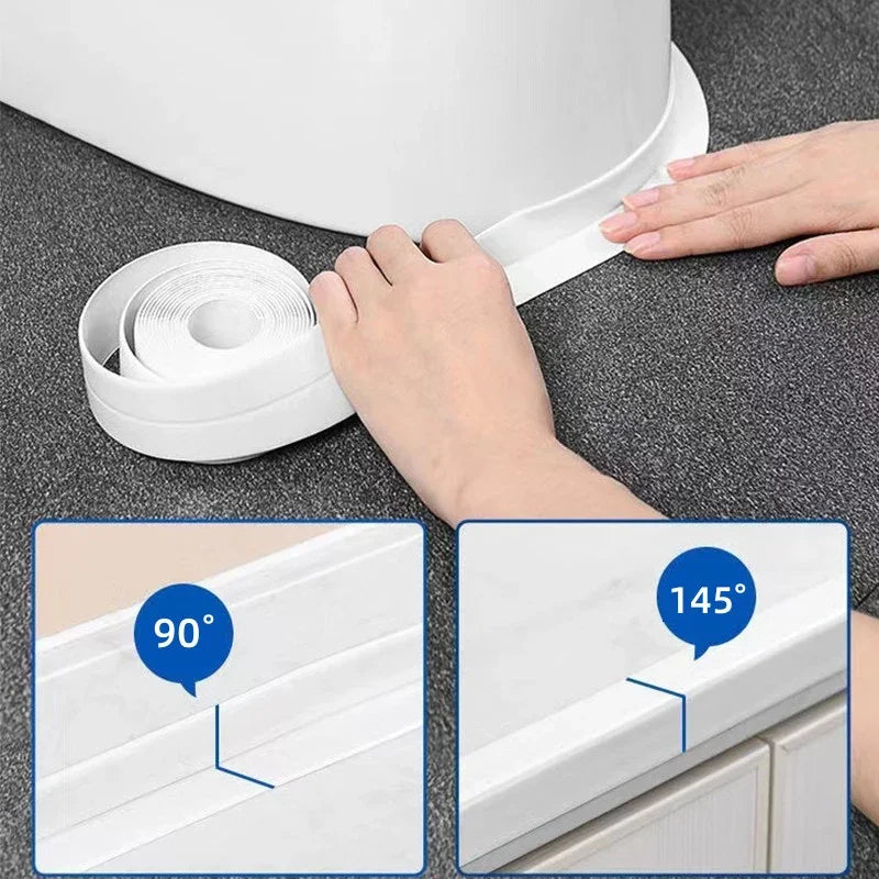 A hand is applying a white waterproof self-adhesive sealing tape to a surface, demonstrating a 90-degree and 145-degree angle