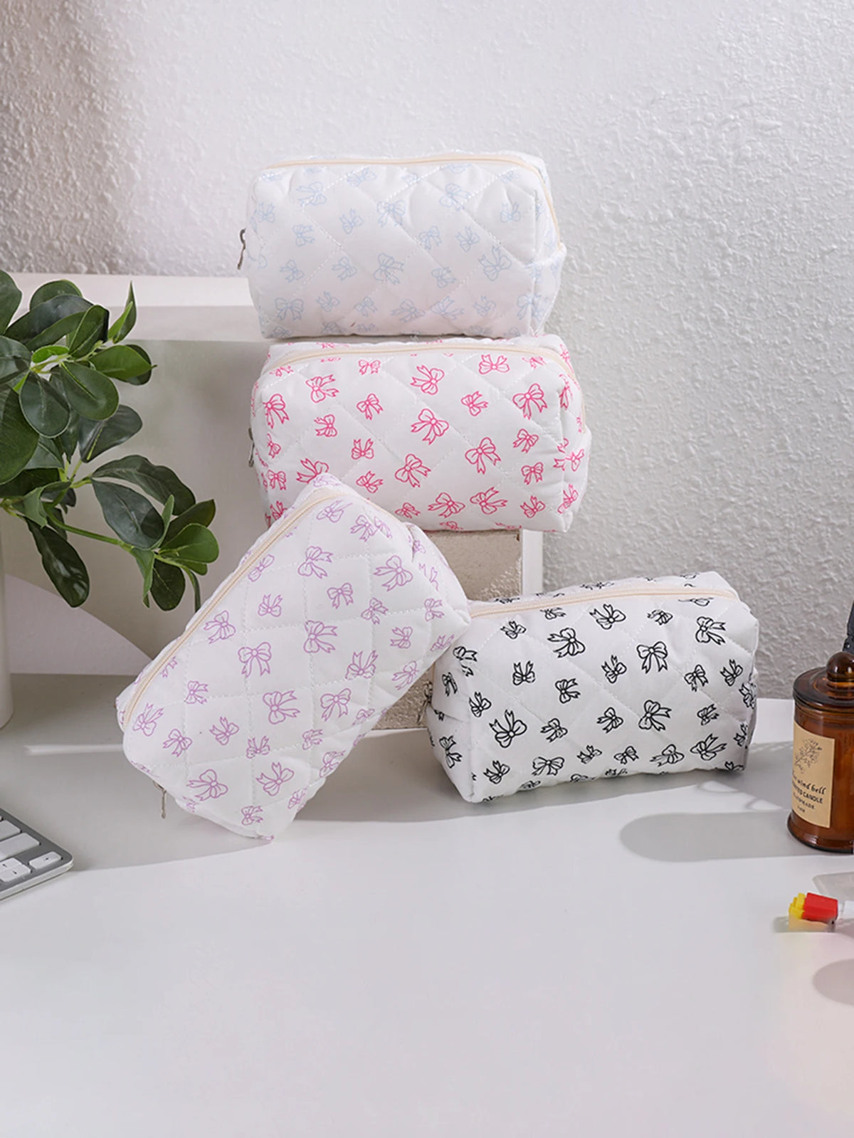 Bowknot Print Makeup Bag - Large Capacity Travel Toiletry Organizer