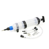 A clear plastic oil extractor pump with a black cap and blue nozzle attached to a flexible tube.