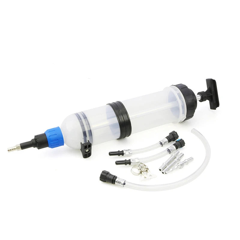 A clear plastic oil extractor pump with a black cap and blue nozzle attached to a flexible tube.